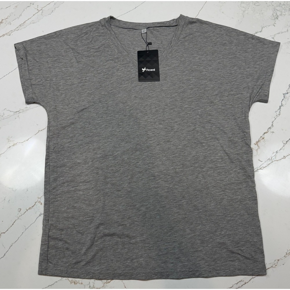 Ficerd Women's Grey‎ V Neck Short Sleeve T Shirt Size L